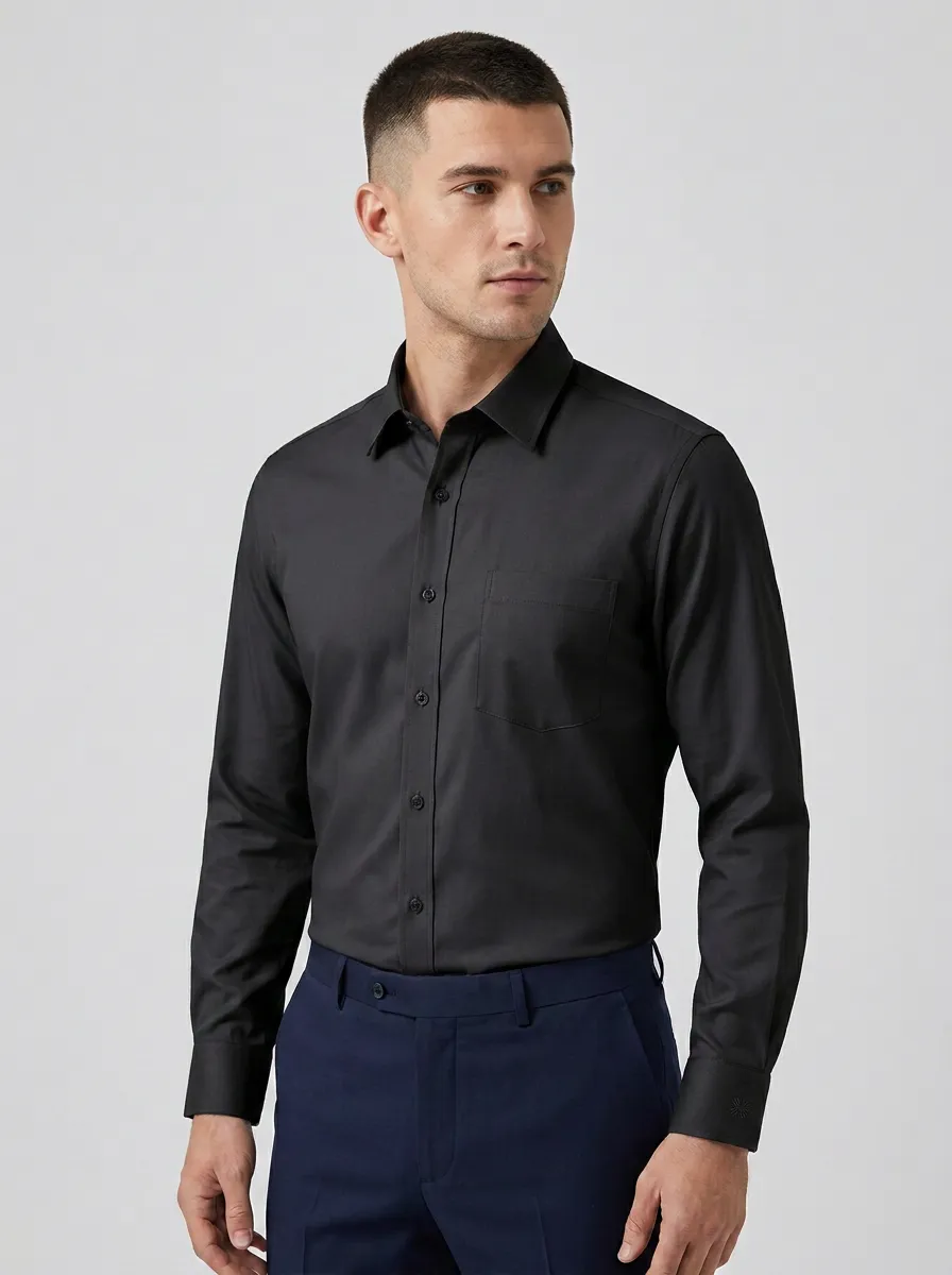 Men's Non-Iron Cotton Solid Grey Long Sleeve Dress Shirt