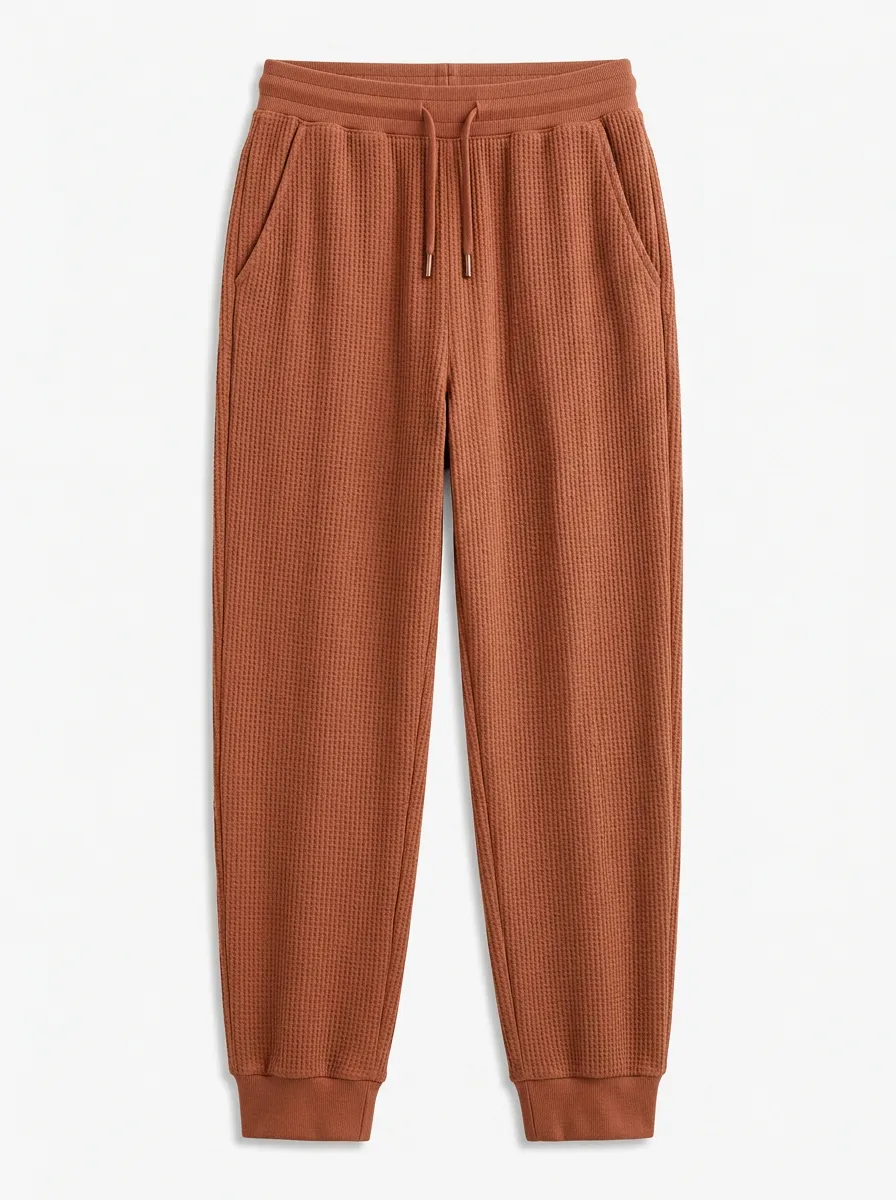 Unisex Casual Loungewear Rust Brown Waffle Knit Jogger Pants