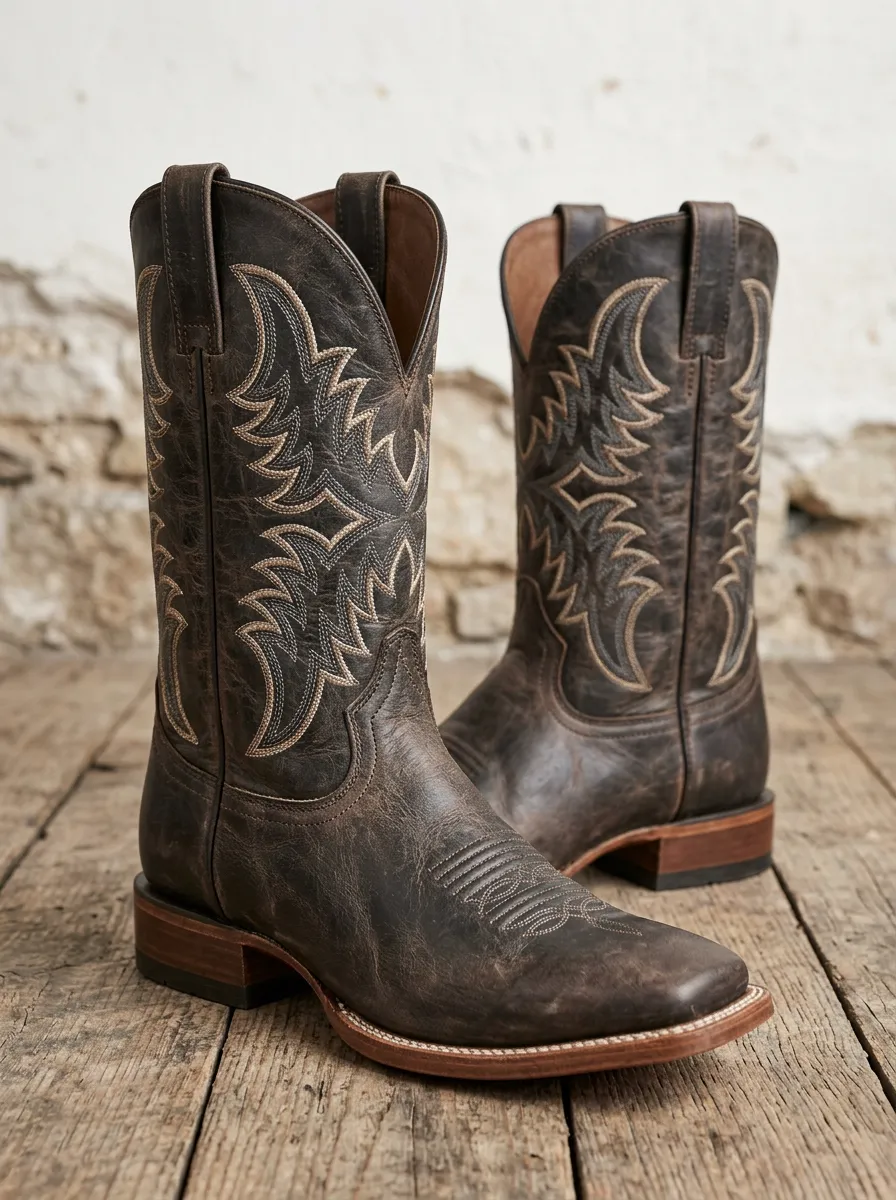 Traditional Embroidered Distressed Ranch-Look Western Boots
