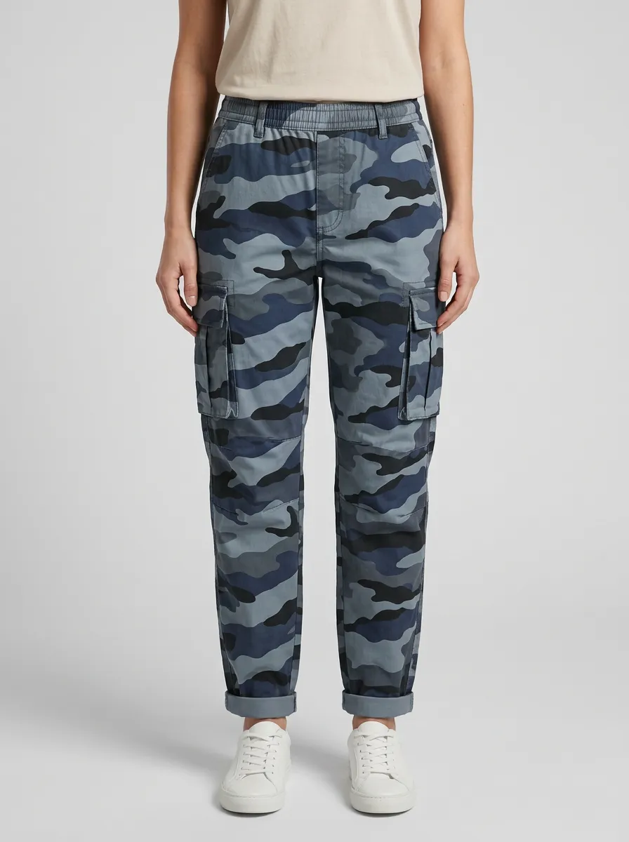 Women's Camouflage Mid-Rise Elastic-Waist Flap-Pocket Cargo Joggers