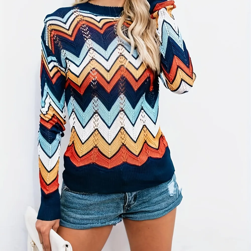 Striped Crew Neck Pullover Sweater Casual Long