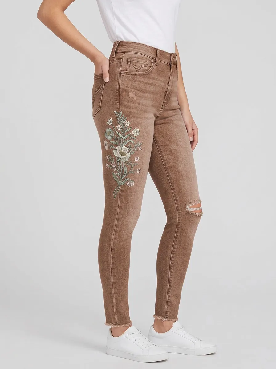 Women's Harbor Floral Botanical Embroidered Graphic Slim Jeans