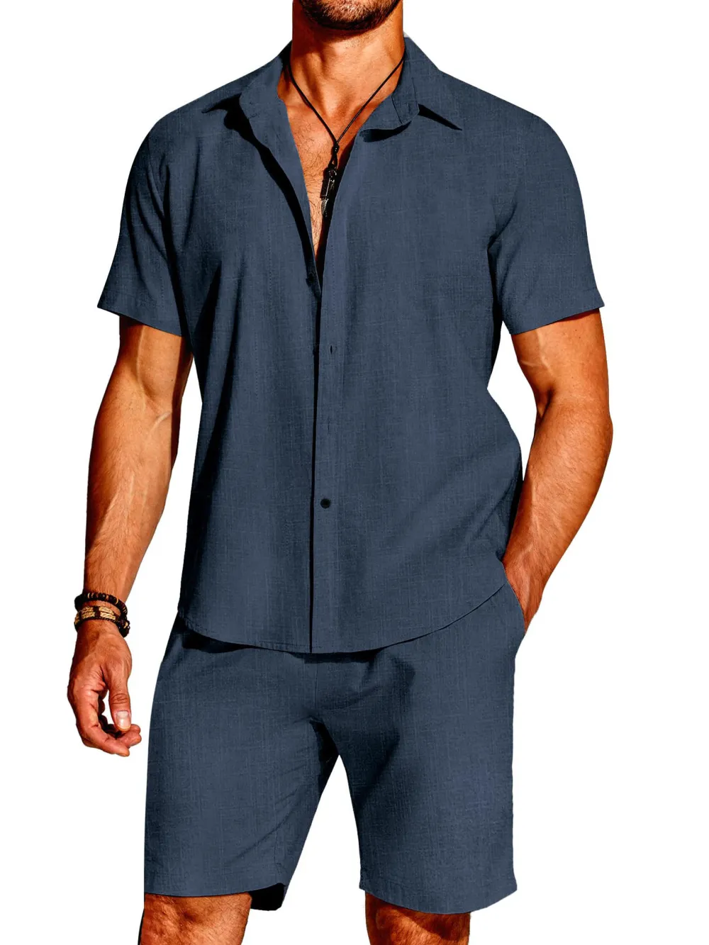 Linen Blend Short Sleeve Shirt Set
