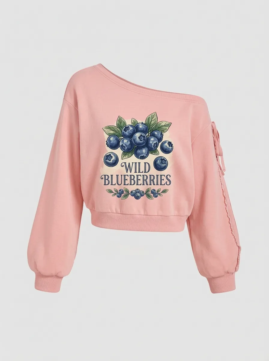 Women's Fruit Wild Blueberries Botanical Graphic Off-Shoulder Sweatshirt