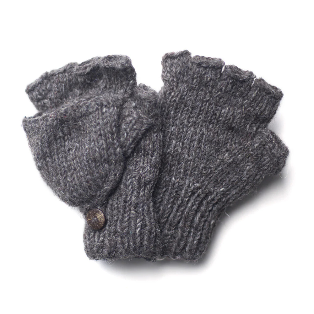 Plain Wool Fingerless Gloves With Mitten Flap