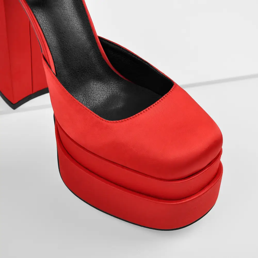 Rhinestone Square Toe Double Platform Chunky Heel Pumps