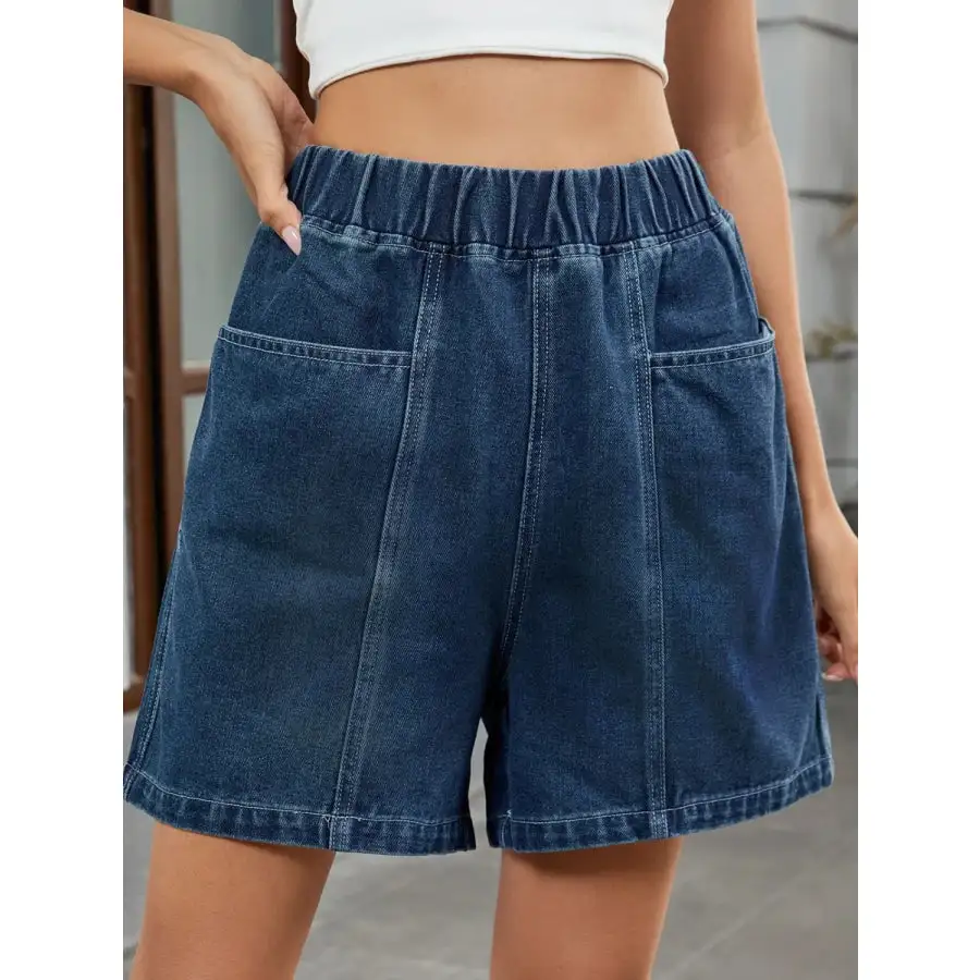 Elastic Waist Pocketed Denim Shorts