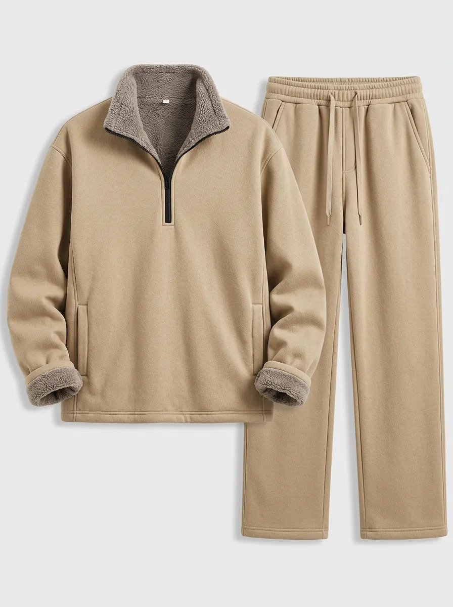 Men's Fleece-Lined Beige Quarter-Zip Pullover and Straight-Leg Pants