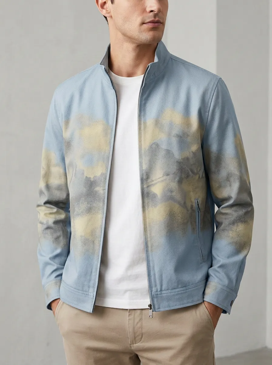 Abstract Print Stand Collar Zip-Up Jacket
