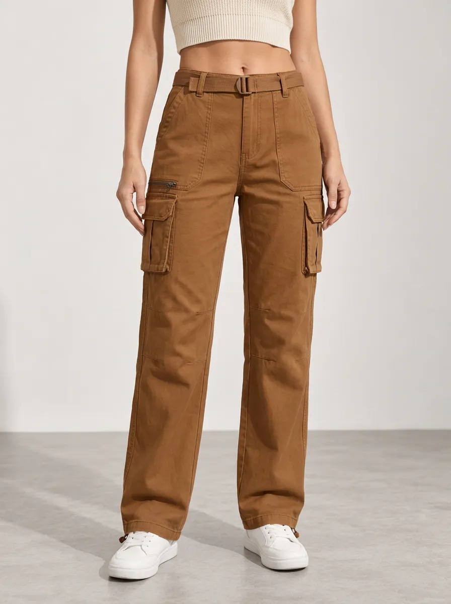 Women's Belted Daily Utility Multi-Pocket Straight Pants
