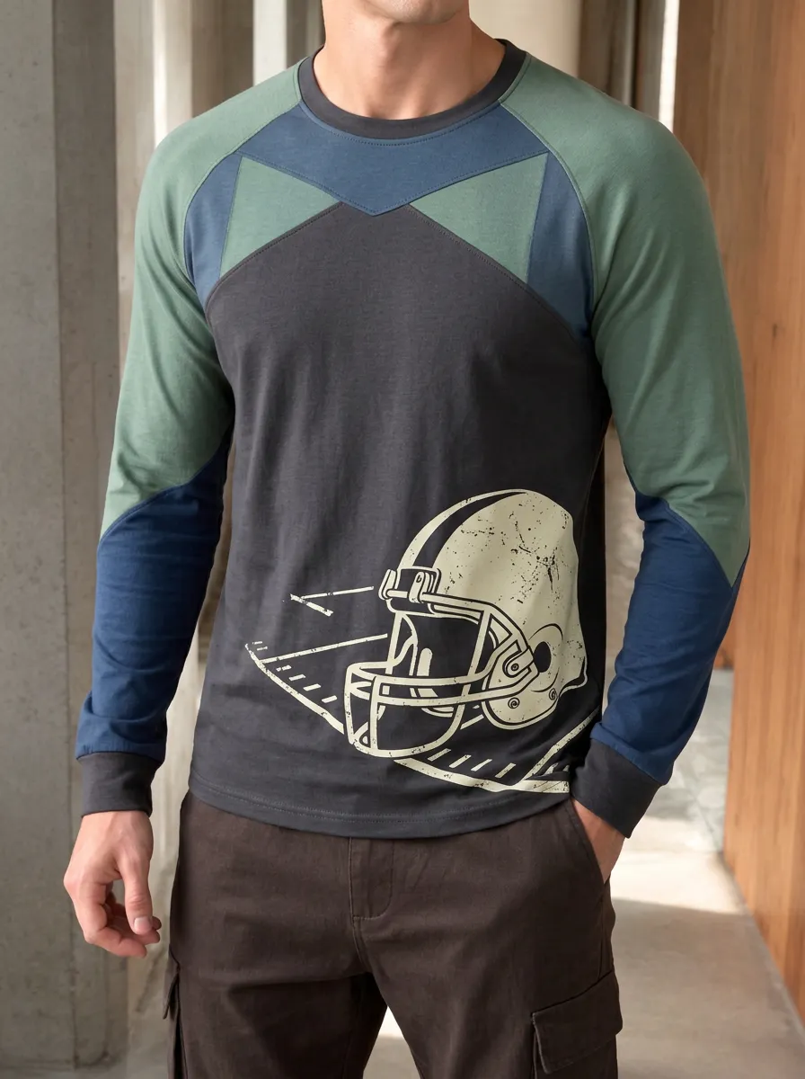 Men's American Football Lover Helmet Printed Long Sleeve Top