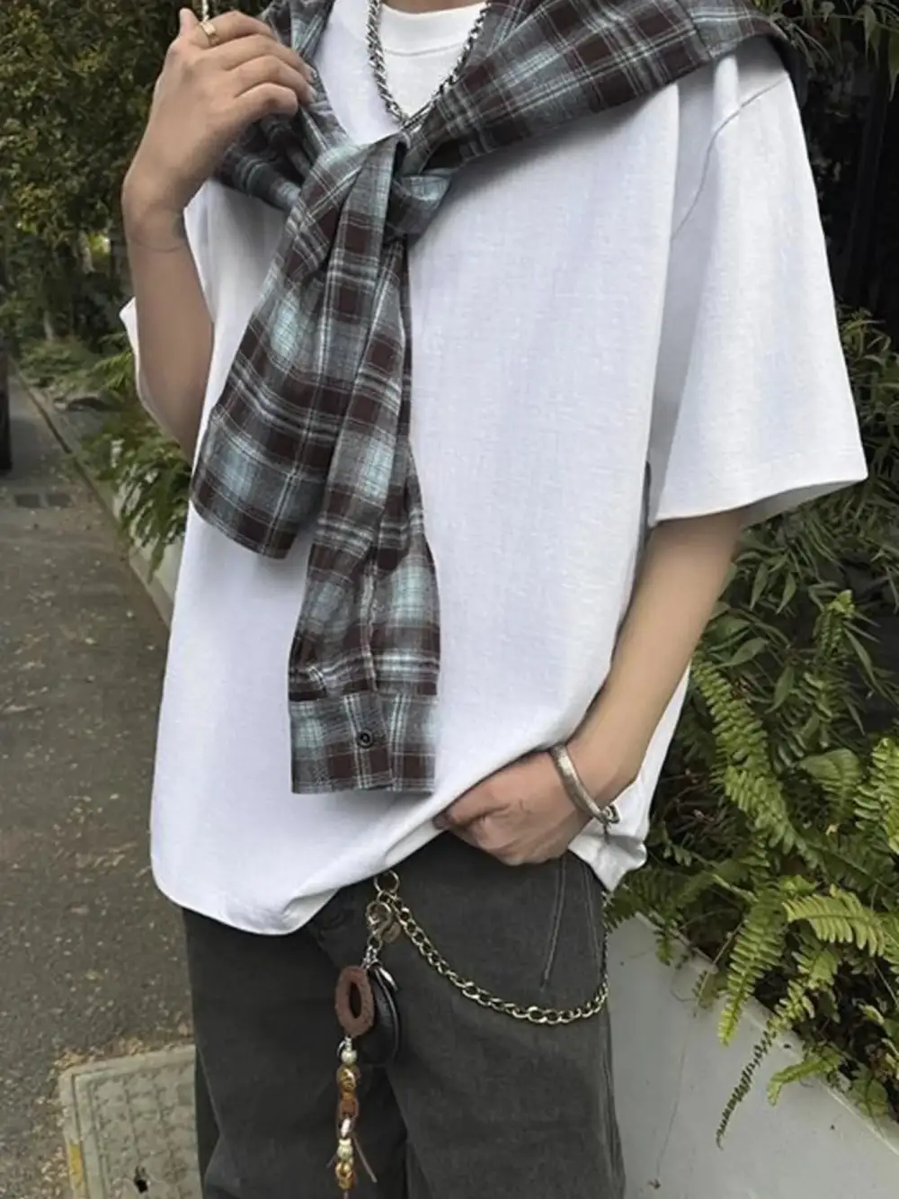 Layered-Look Plaid-Detail T-Shirt