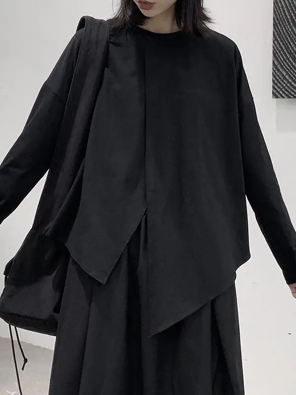 Long Sleeve Relaxed Asymmetric Front Slit Panel Detail Round Neck T-Shirt