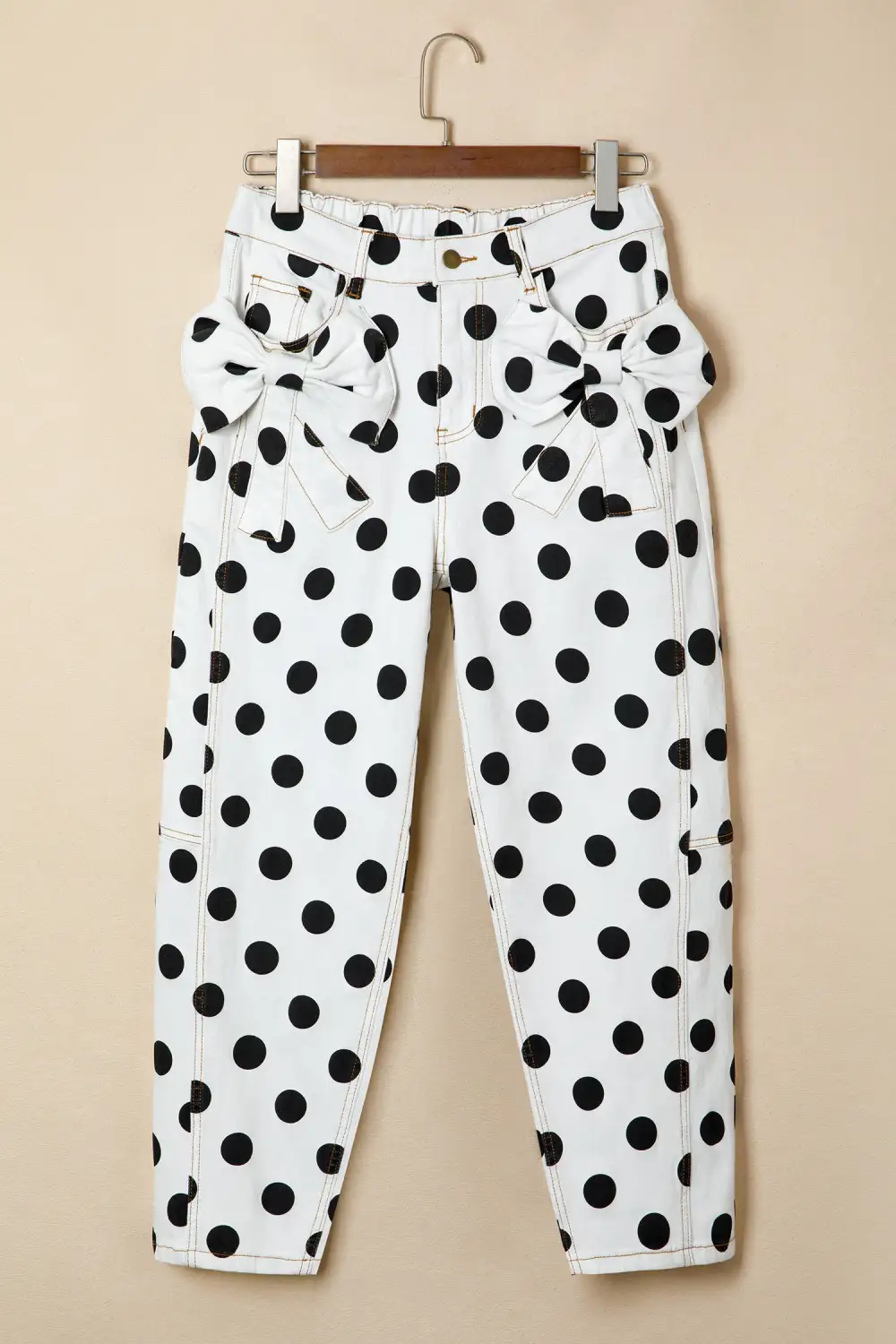 Polka Dot Relaxed Fit Pocketed Bow Detail Casual Jeans