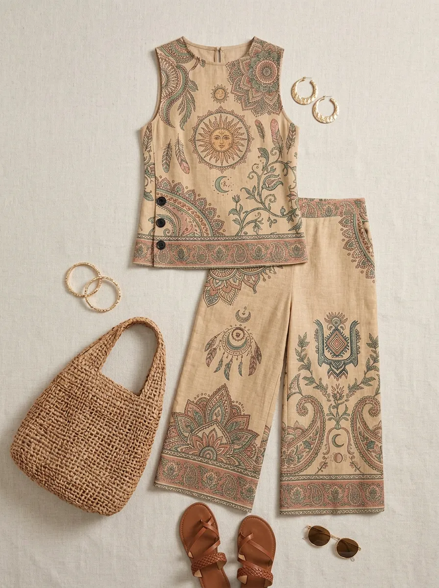 Women's Boho Sun Moon Paisley Printed Sleeveless Set