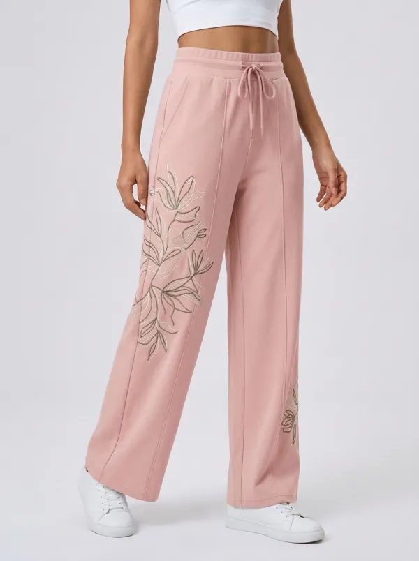 Women's Grey Floral Embroidered Wide-Leg Sweatpants