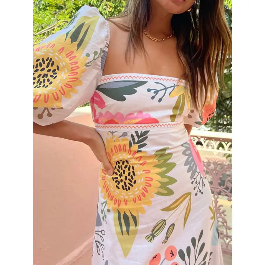 Floral Square Neck Puff Sleeve Maxi Dress with Ruffle Hem