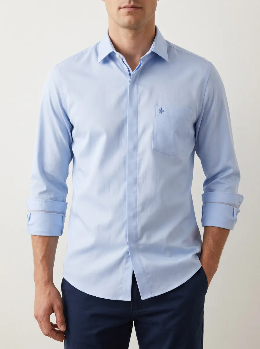 Men's Non-Iron Cotton Compass Logo Embroidered Button-Down Shirt