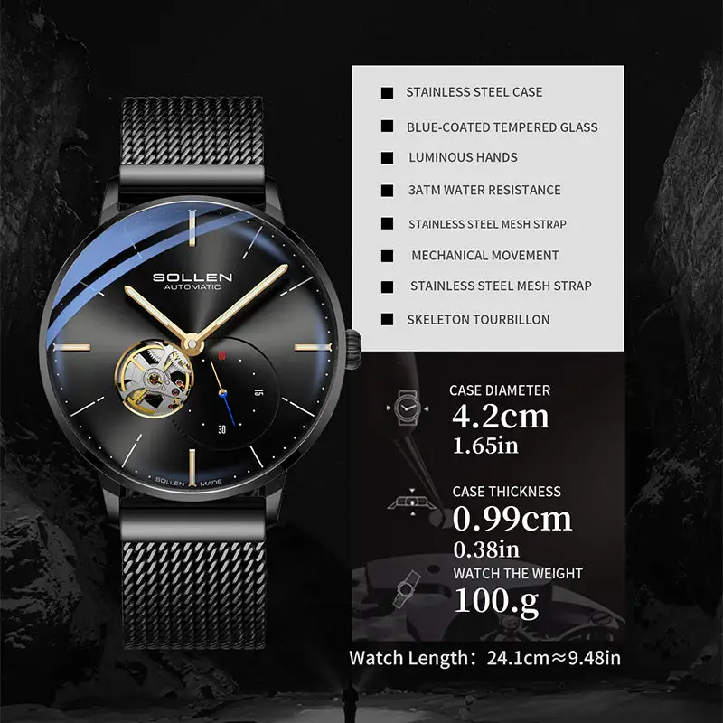 Sollen SL305X Men's Open Heart Automatic Mechanical Watch - 42mm Stainless Steel Case Slim 9.9mm Small Seconds Minimalist Dial Wristwatch