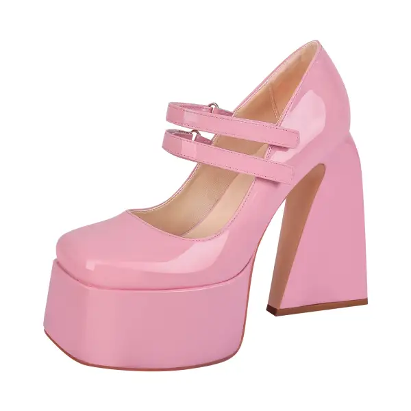 Modern Patent Finish Square Toe Platform Chunky Heel Pumps