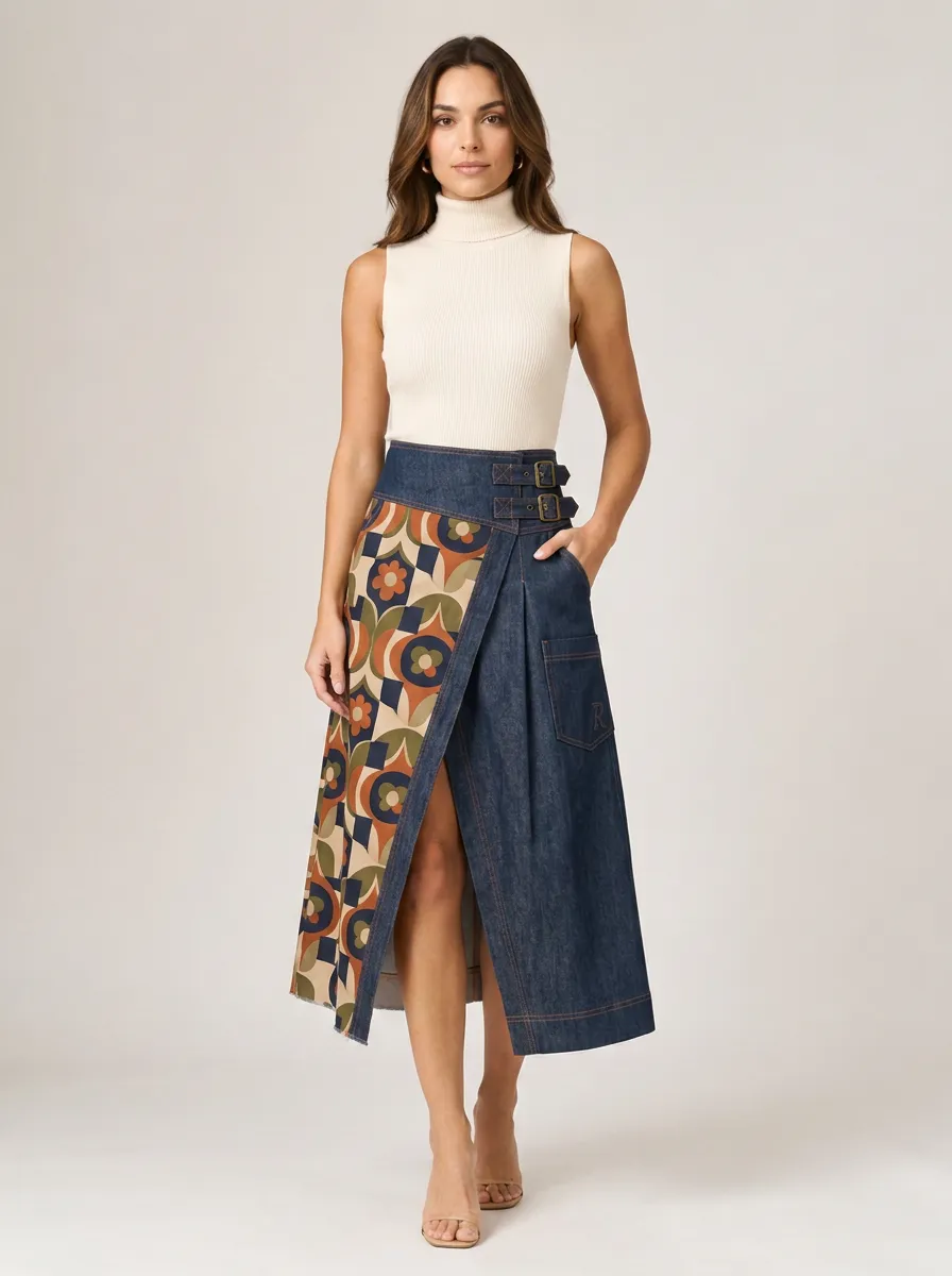Women's Retro Floral Geometric Printed Denim Wrap Midi Skirt