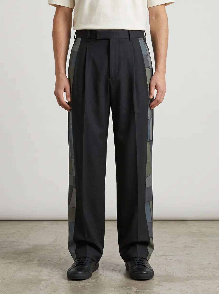 Men's Geometric Patchwork Side Printed Wide Leg Trousers