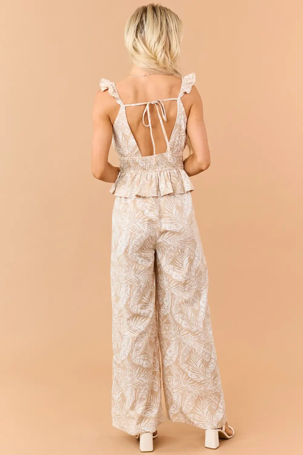 Desert Leaf Print Smocked Peplum Waist
