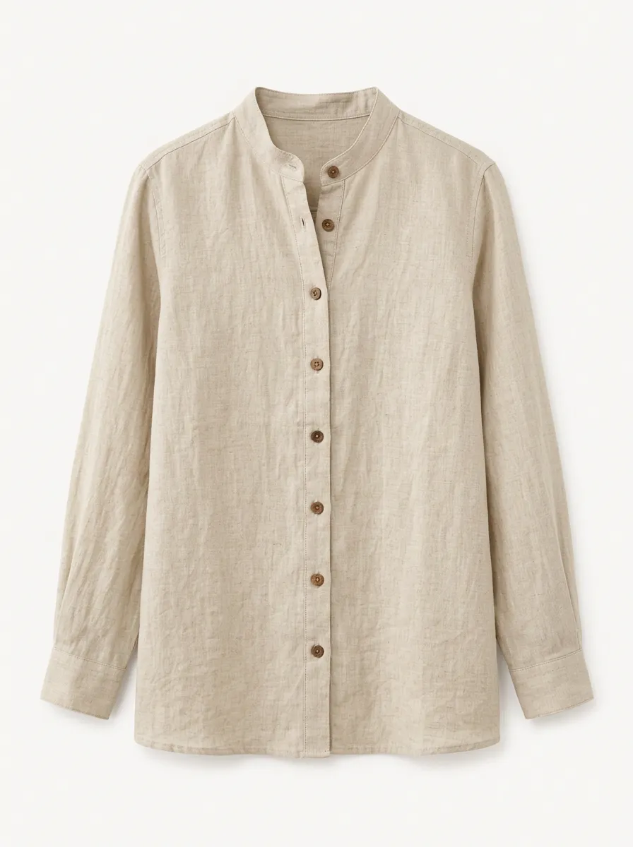 Women's Casual Beige Linen Blend Mandarin Collar Button-up Shirt