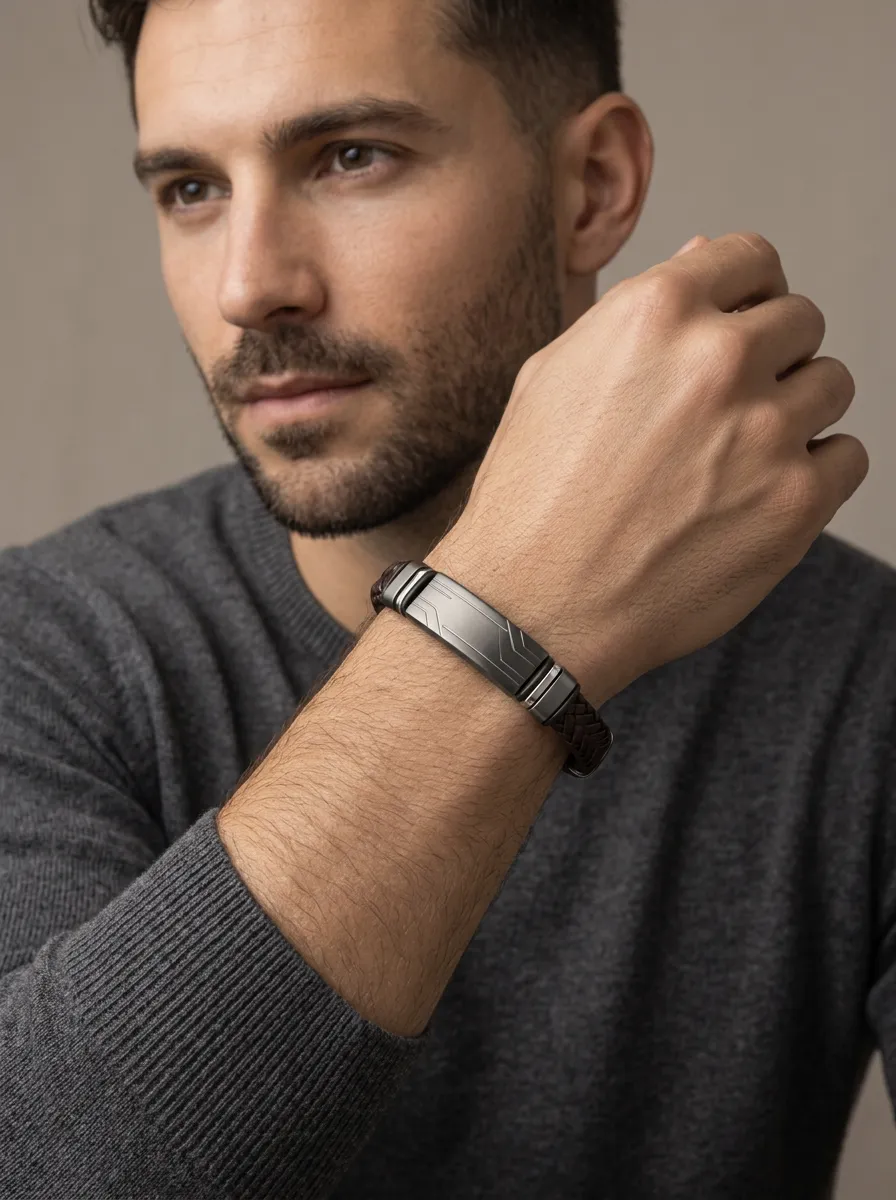 Men's Minimalist Geometric Matte Finish Metal Braided Leather Bracelet