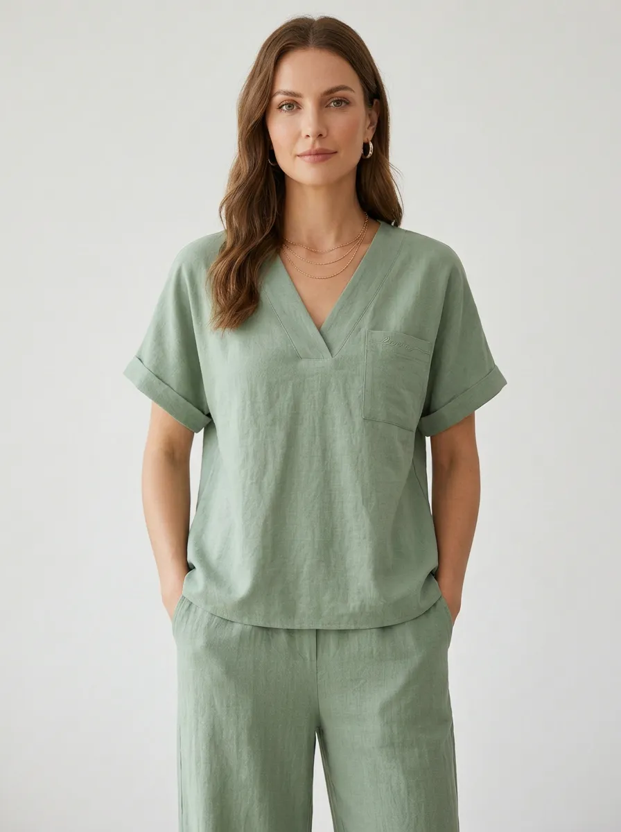 Easy-Wear Pocket Short-Sleeve Women's V-Neck Shirt