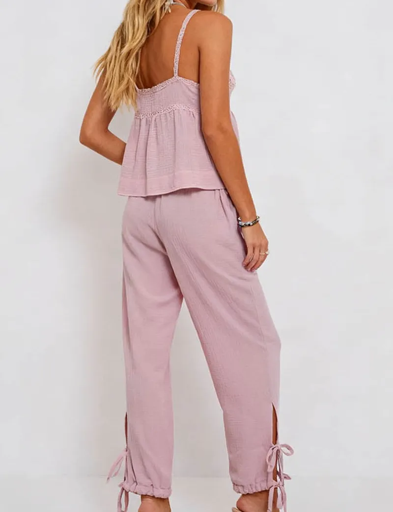 Boho Lace Up Cami Top and Wide Leg Pants Set
