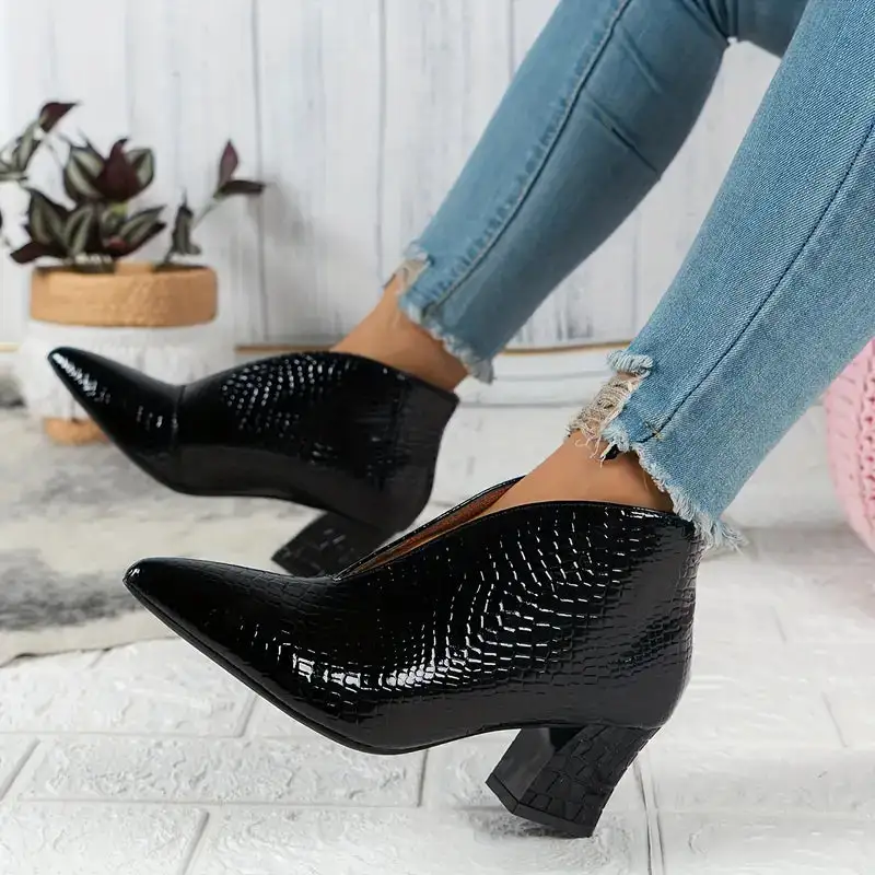 Textured Ankle Boots Curved Cut Mid Block Heel