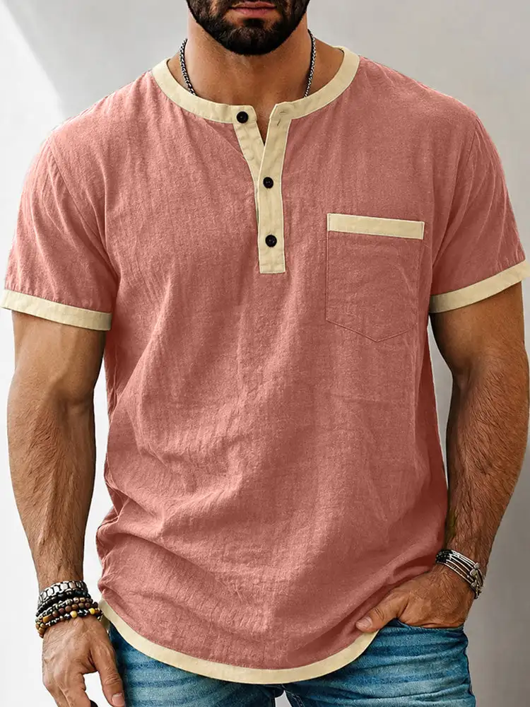 S Contrast Trim Henley Short Sleeve Shirt Cotton Linen