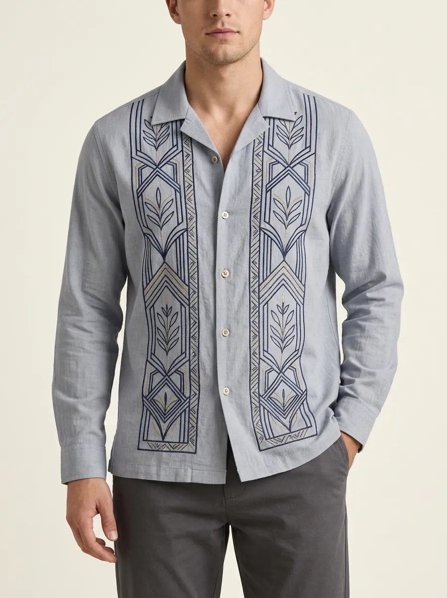 Men's Vintage Inspired Geometric Embroidered Shirt