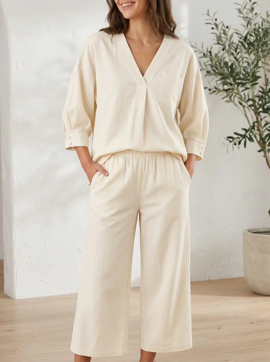 Pocket Short-Sleeve Three-Quarter-Sleeve Women's V-Neck Casual Lounge Set