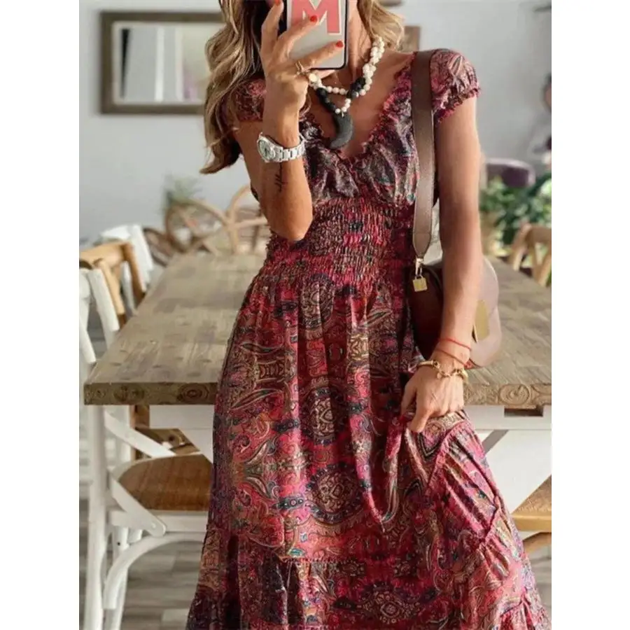 Full Size Paisley Print Cap Sleeve Maxi Dress Plus Size