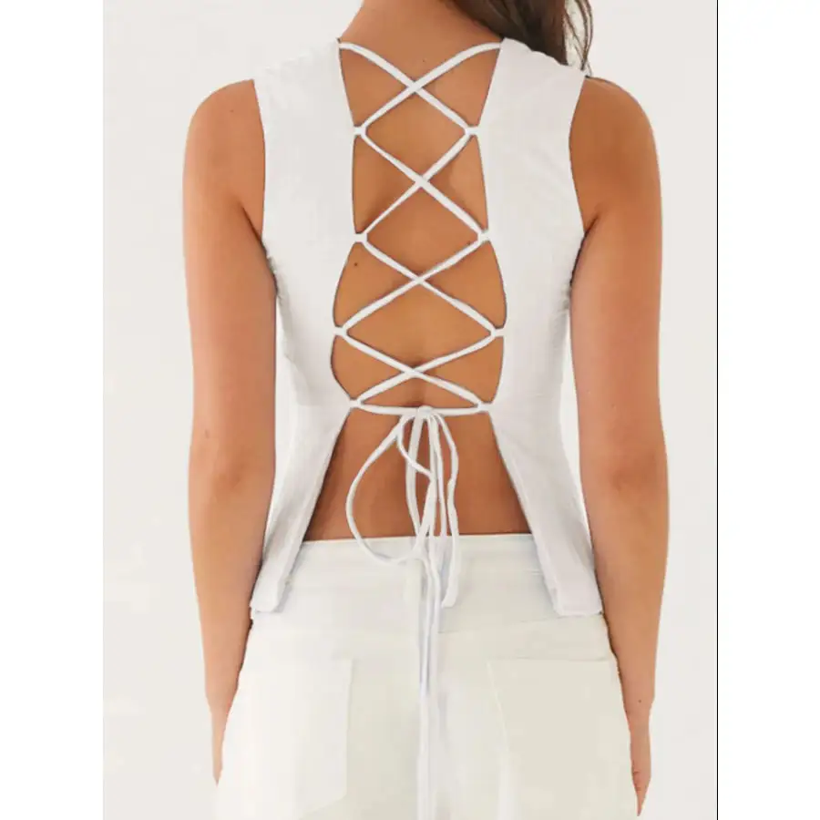 Back Lace Up Sleeveless Top With Cinched