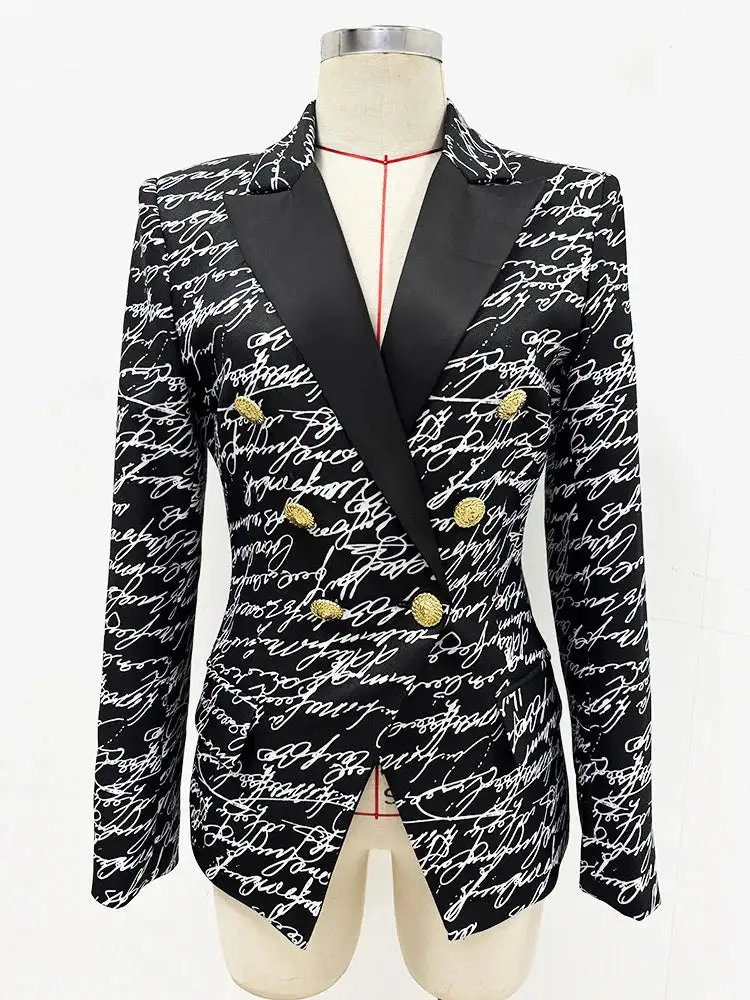 Letter Print Double Breasted Blazer