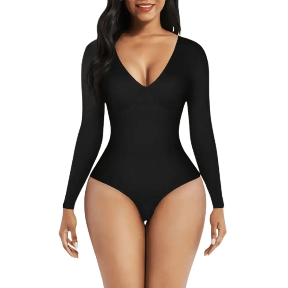 V Neck Long Sleeve Thong Bodysuit