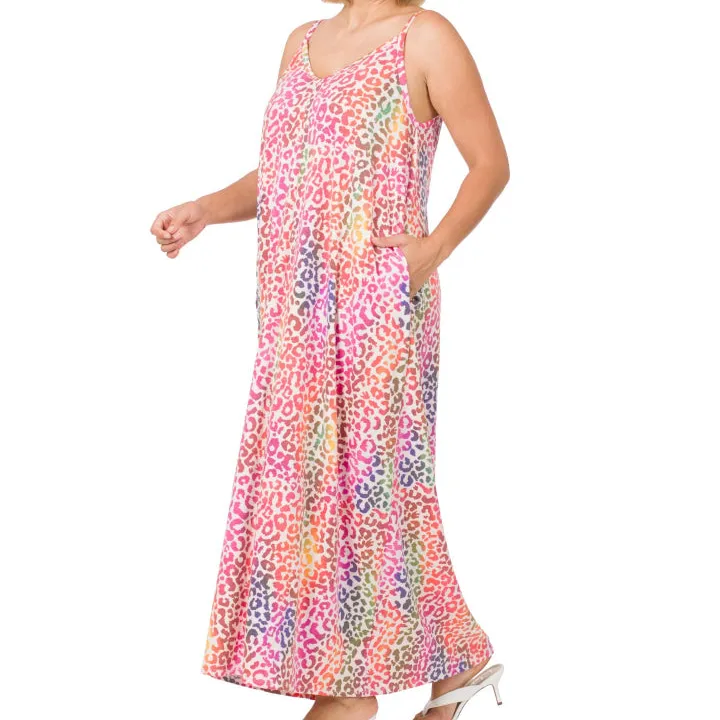 French Terry Rainbow Leopard V Neck Cami Maxi Dress with Pockets Bright Rainbow
