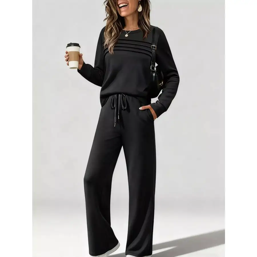 Full Size Casual Long Sleeve Top and Pants Set Plus Size