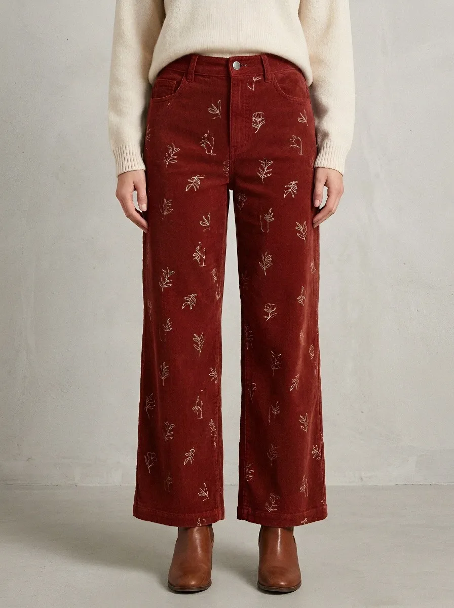 Women's Botanical Nature Lover Floral Line Art Printed Corduroy Pants