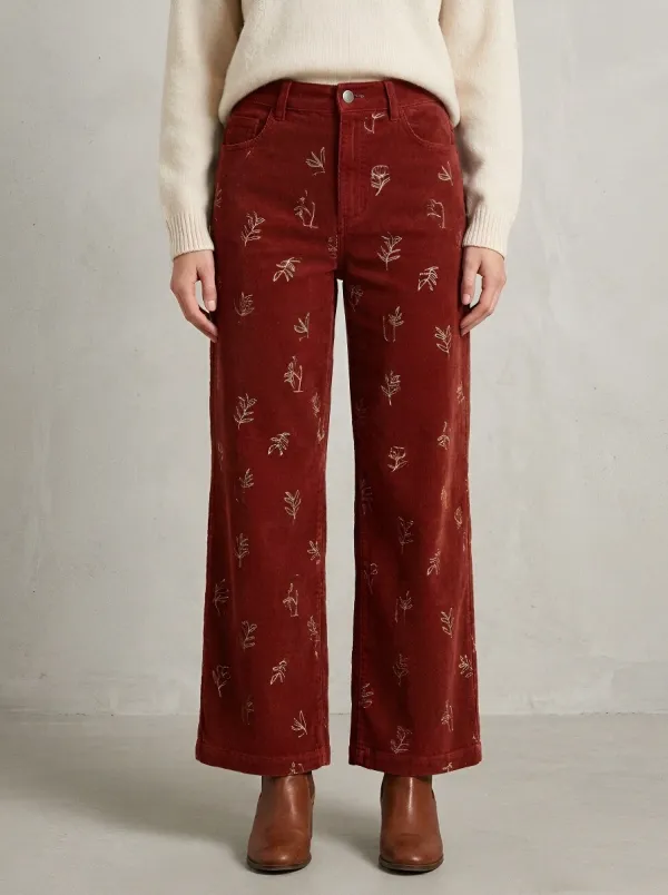 Women's Botanical Nature Lover Floral Line Art Printed Corduroy Pants