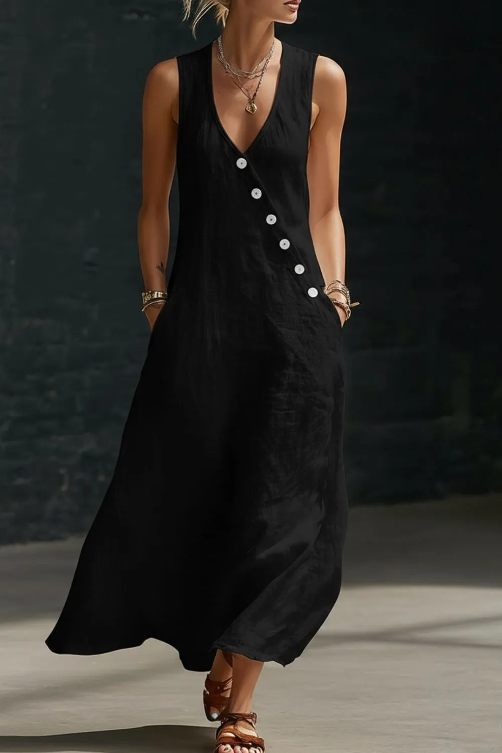 Sleeveless Button-Down Midi Dress