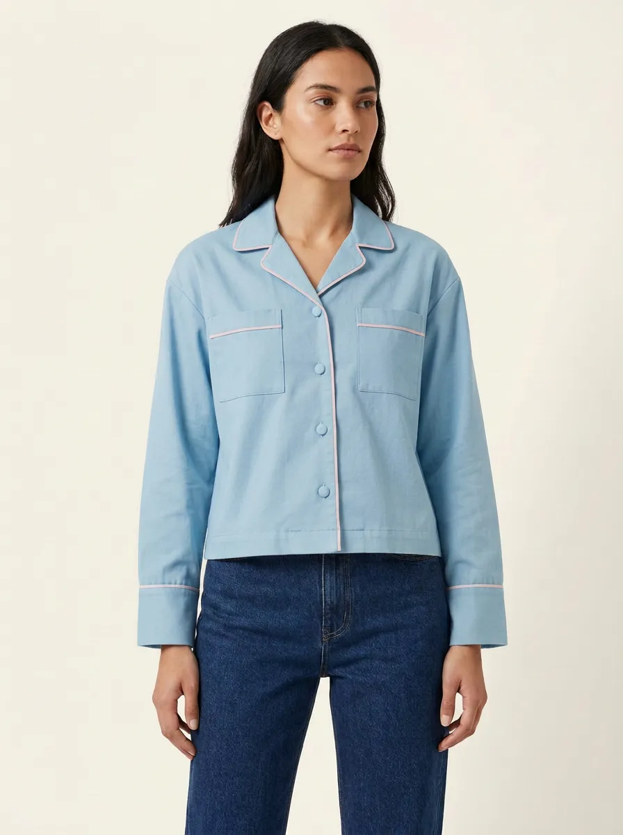 Women's Notched-Lapel Contrast-Piped Dual-Pocket Boxy Shirt