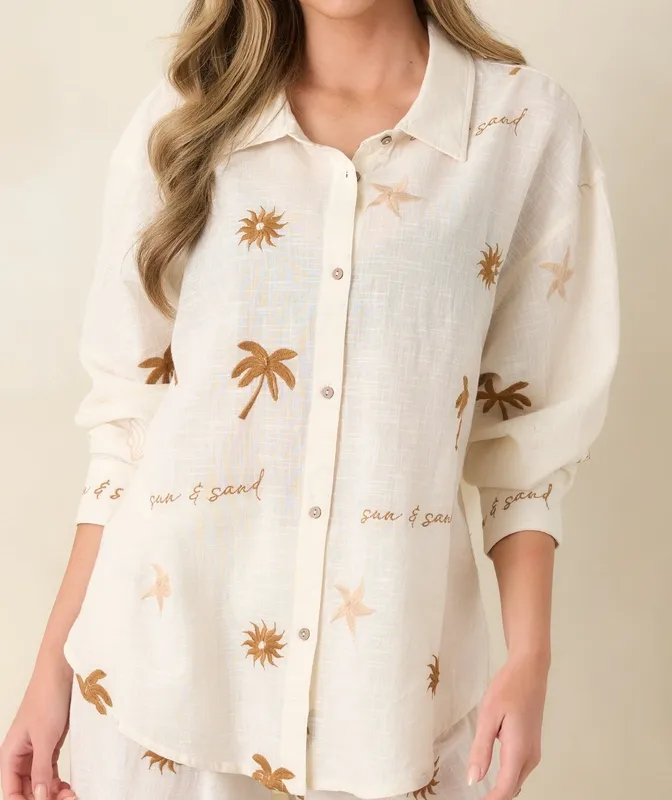 Light Beige Coastal Embroidered Button-Down Top