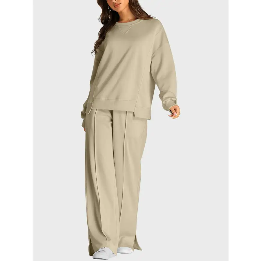 Round Neck Long Sleeve Top and Slit Pants Set