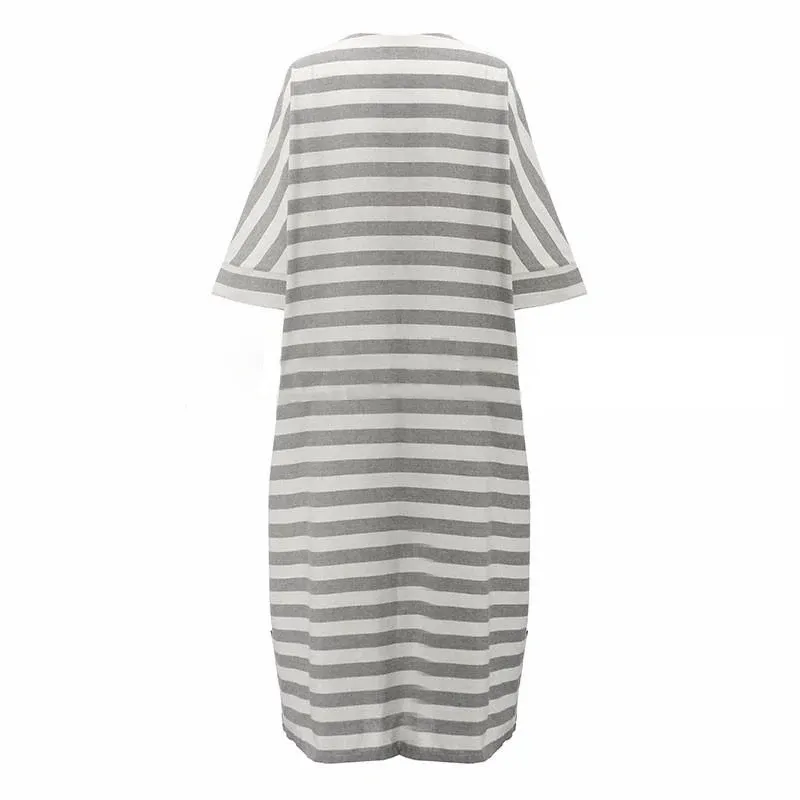 Striped Linen Blend Cotton Blend Maxi Tie Detail Dress