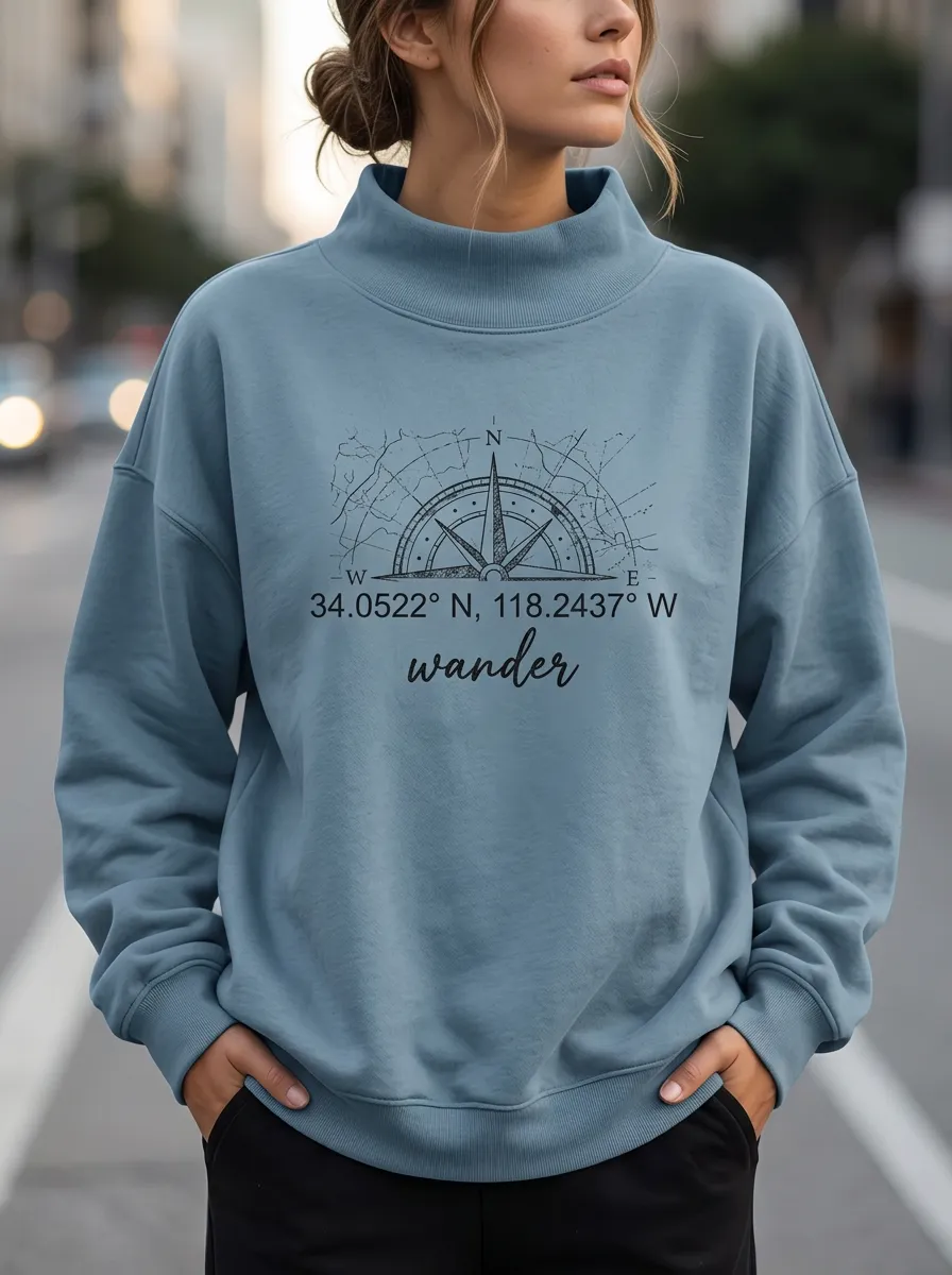 Travel Lover Compass Coordinates Casual Hoodie Sweatshirt
