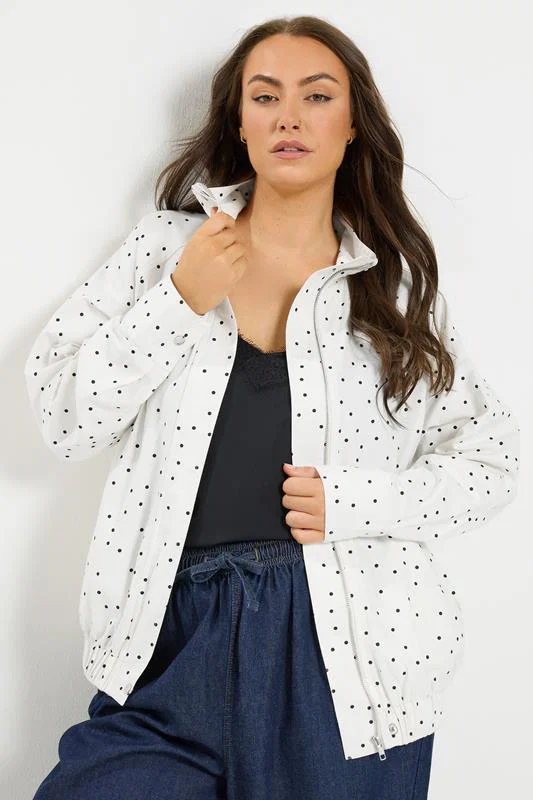 White Polka Dot Funnel Neck Bomber Jacket detail 3